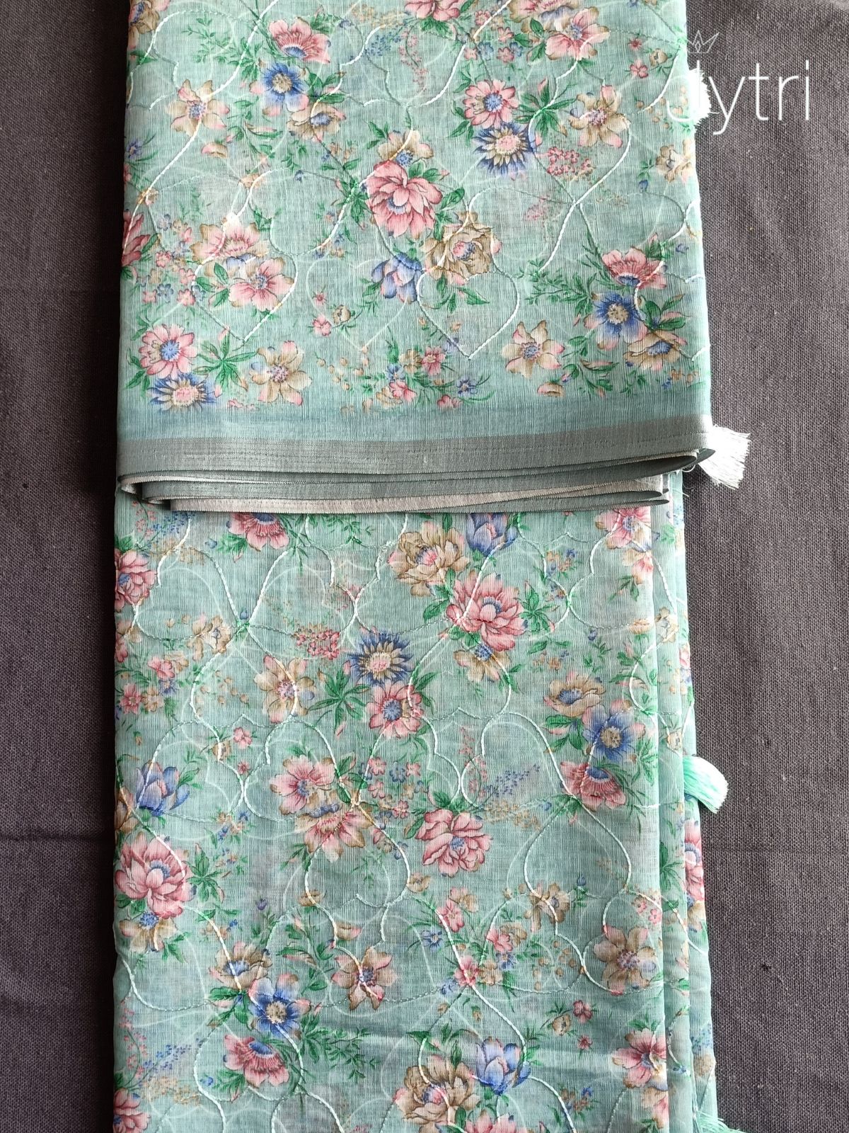 Pastel Green Silver Zari Border Linen Cotton Saree