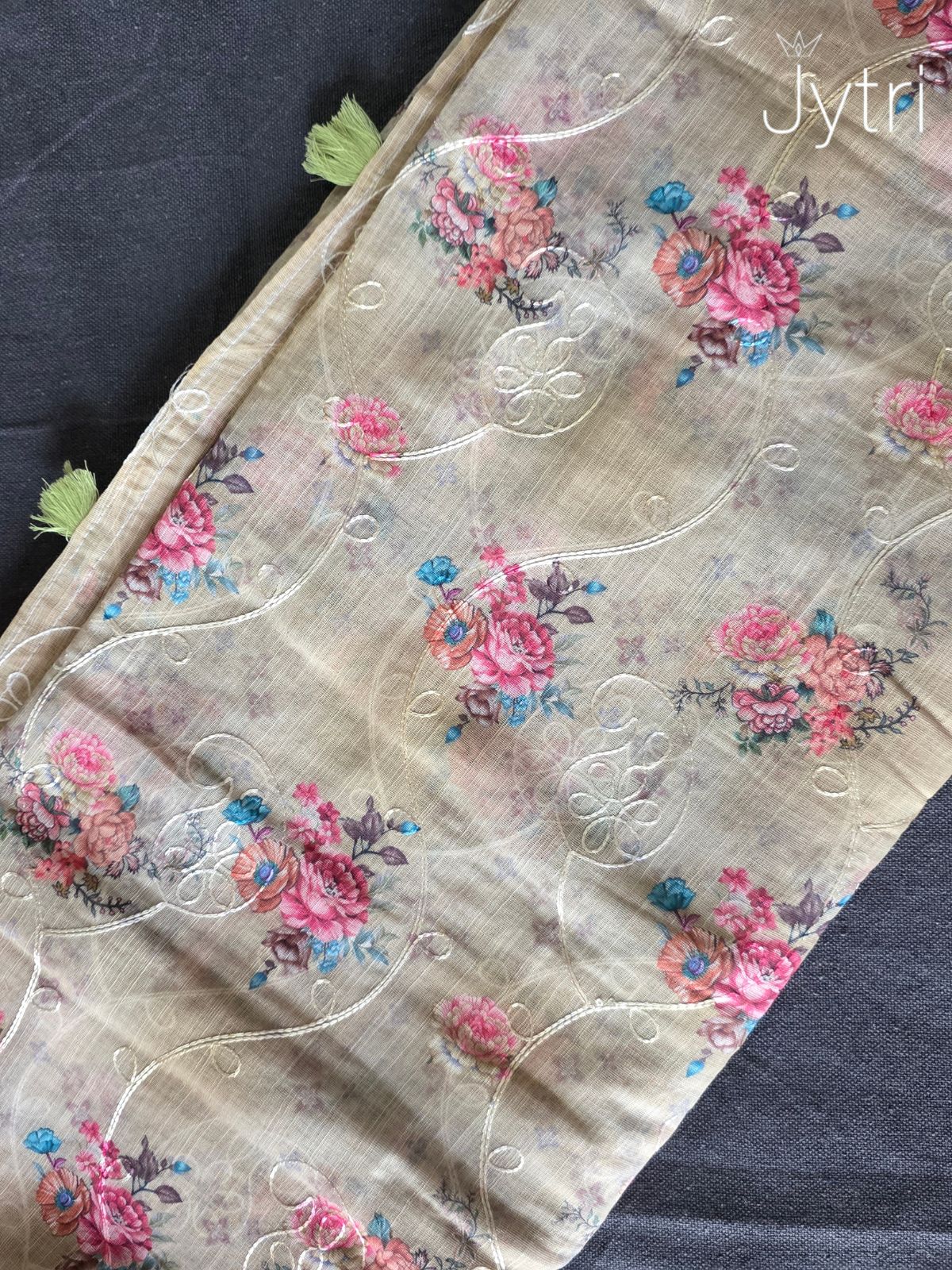 Pastel Yellow Silver Zari Border Linen Cotton Saree