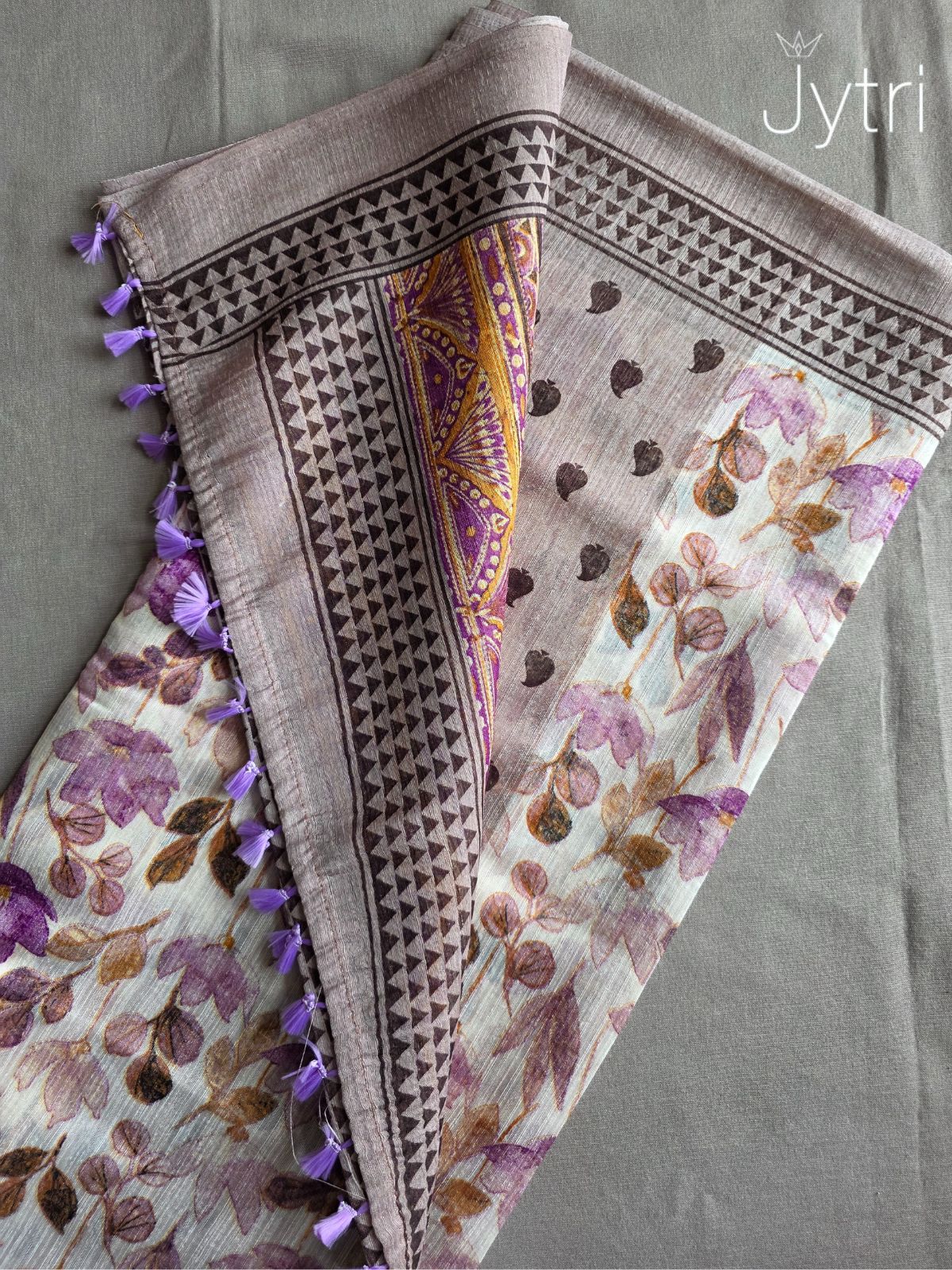 Off White Jute Cotton Saree with Lavender Tassels