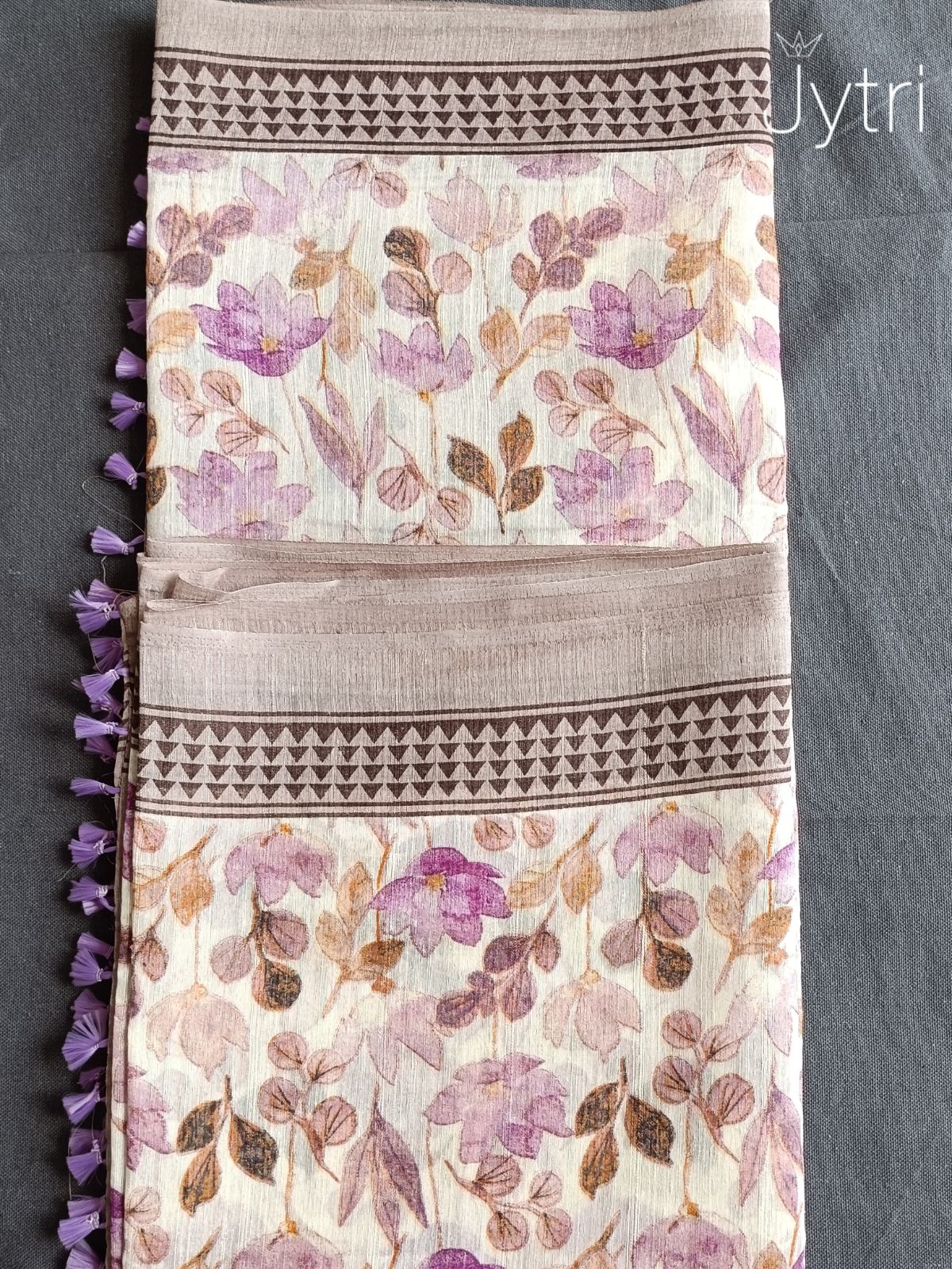 Off White Jute Cotton Saree with Lavender Tassels