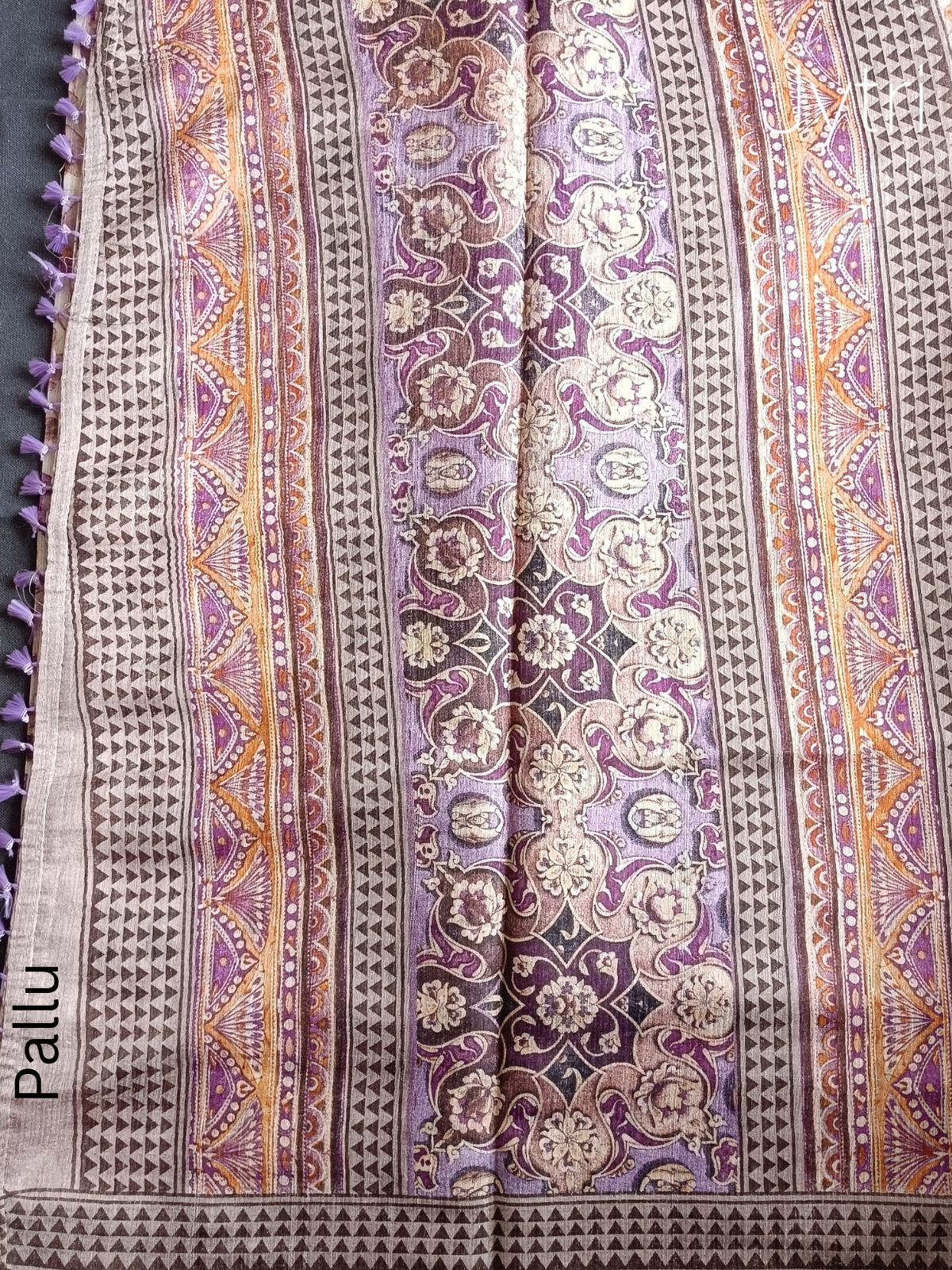 Off White Jute Cotton Saree with Lavender Tassels