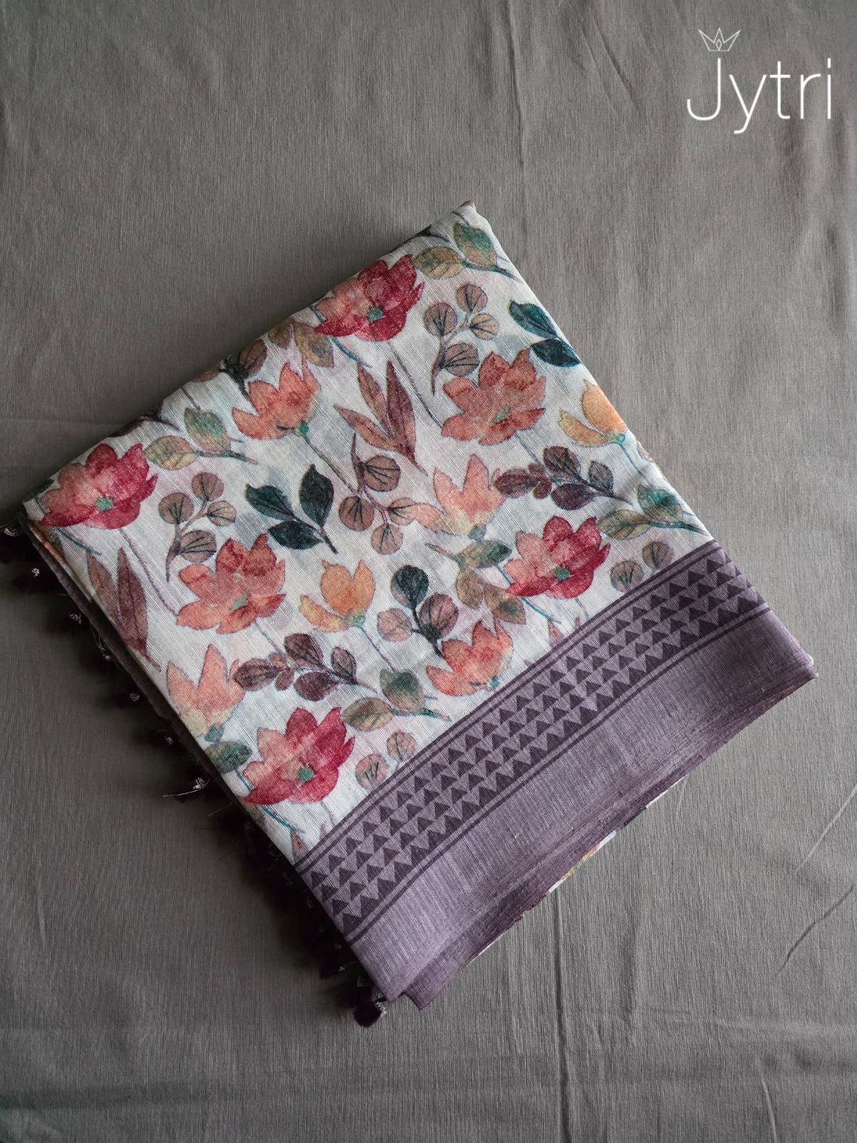 Off White Jute Cotton Multicolor Floral Print Saree