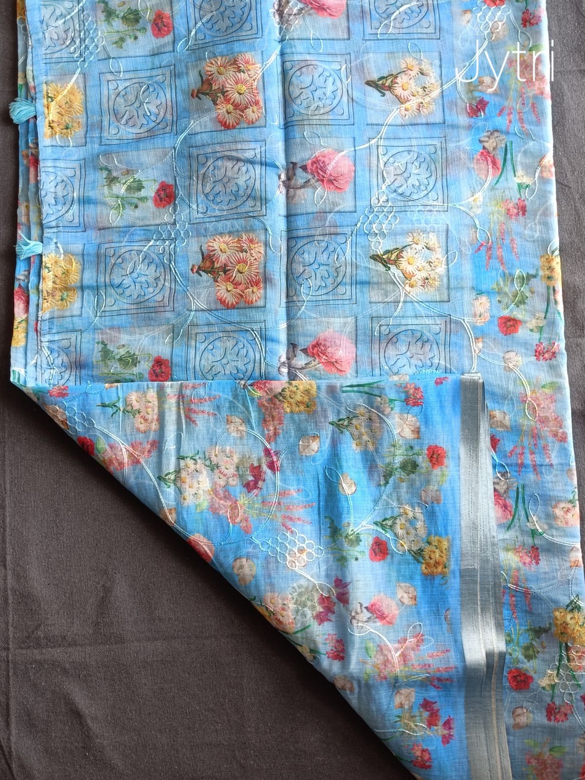 Pastel Blue Silver Zari Border Linen Cotton Saree