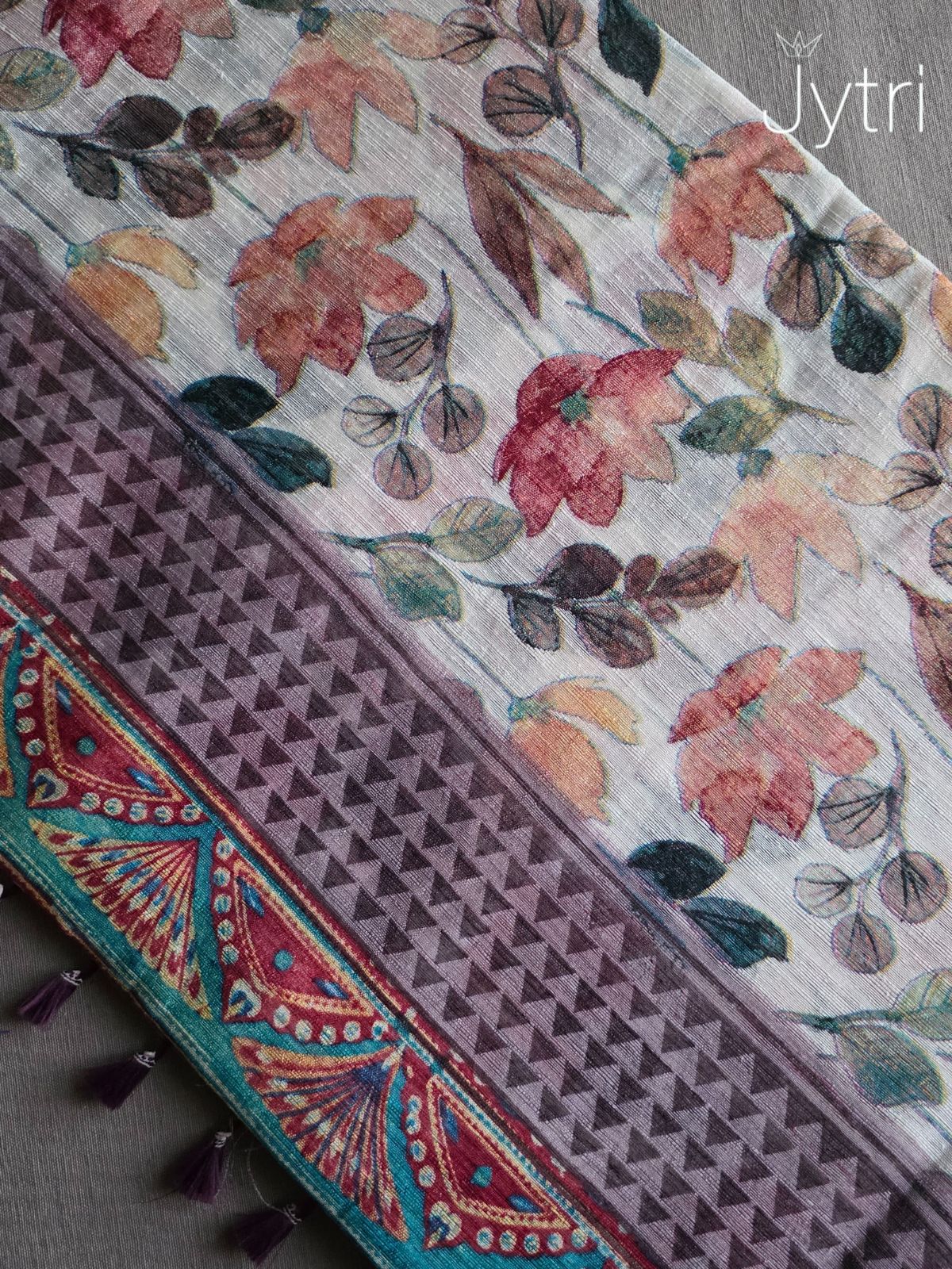 Off White Jute Cotton Multicolor Floral Print Saree