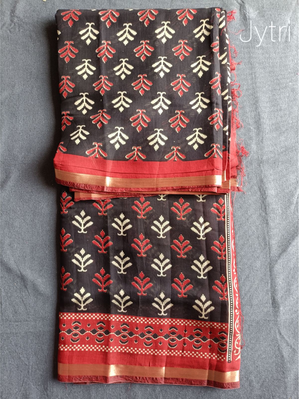 Black Mulmul Cotton Saree with Red and White Prints