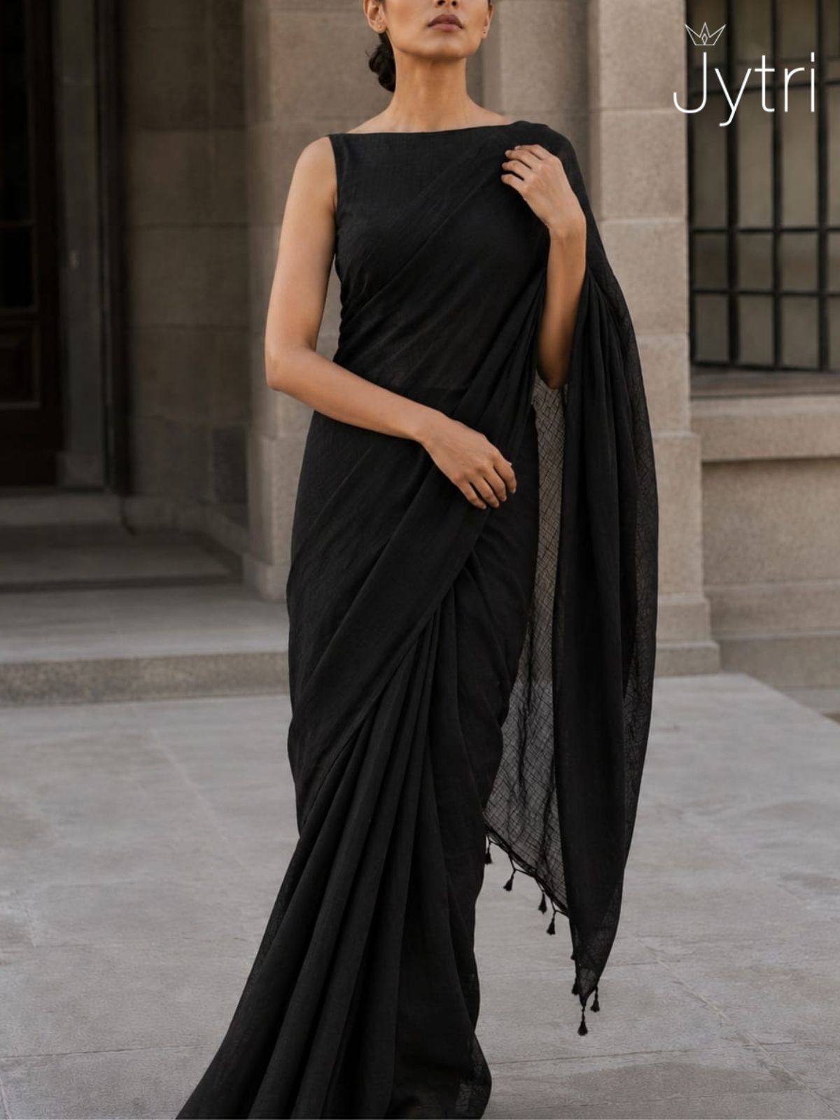 Black Plain Cotton Saree with Tassels