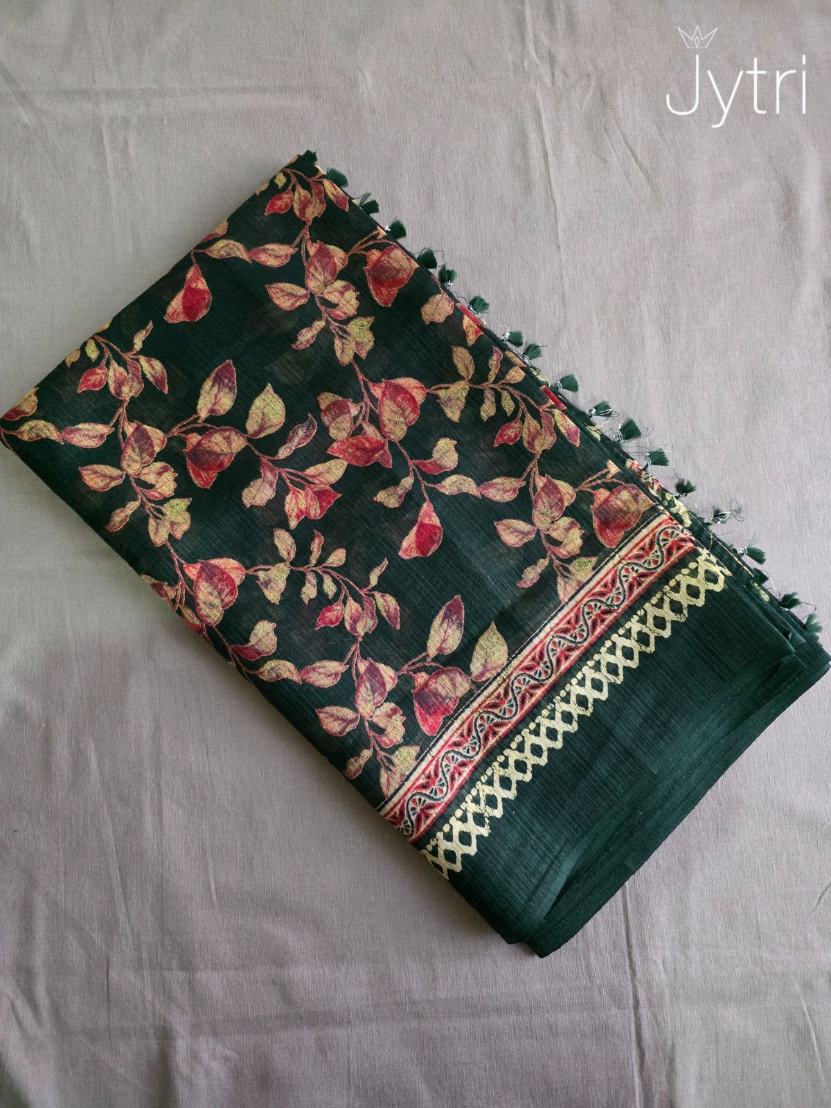 Bottle Green Saree with Floral Prints