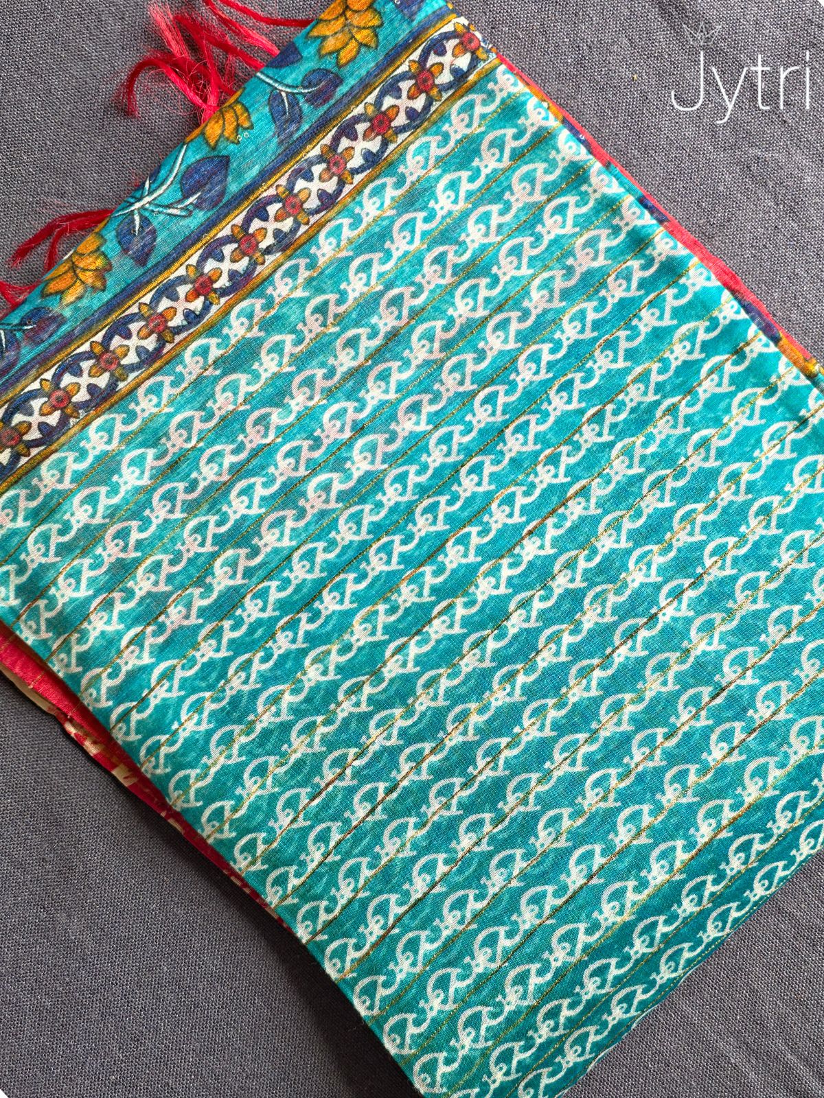 Kalamkari Print Teal Green Saree