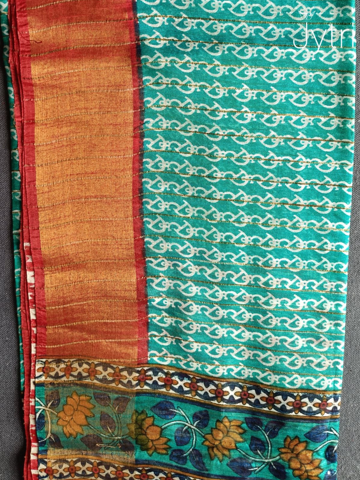 Teal Green Saree with Red Border