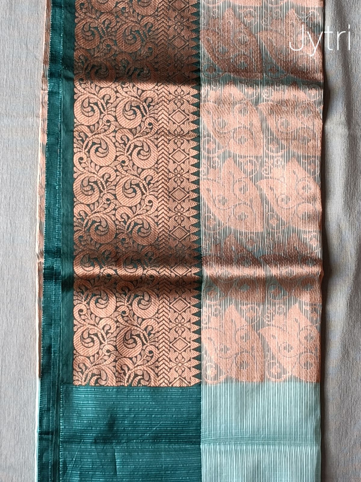 Turquoise Green Saree with Copper Zari Work and Tassels