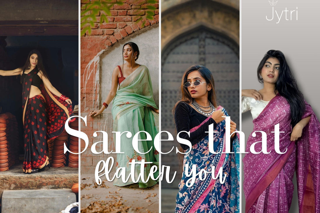Models showcasing saree styles ideal for their body type