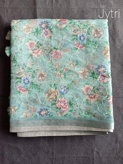 Pastel Green Silver Zari Border Linen Cotton Saree