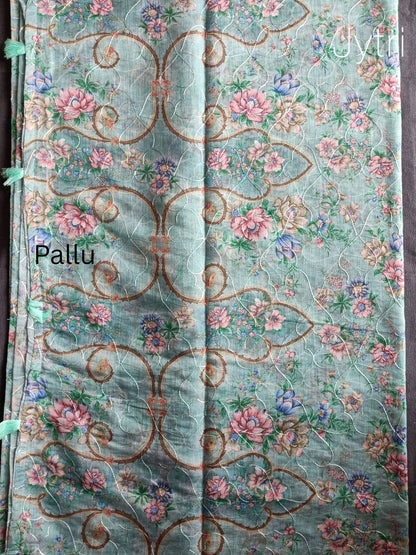 Pastel Green Silver Zari Border Linen Cotton Saree