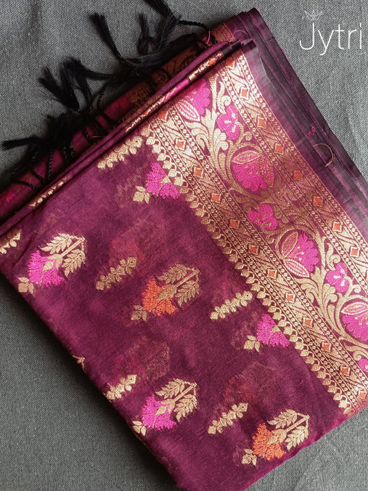 Plum Wine Cotton Silk Saree with Threadwork