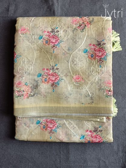 Pastel Yellow Silver Zari Border Linen Cotton Saree
