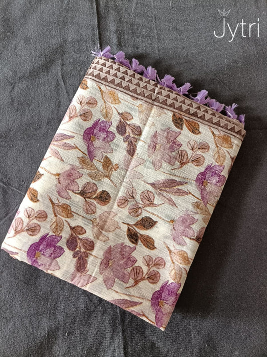 Off White Jute Cotton Saree with Lavender Tassels