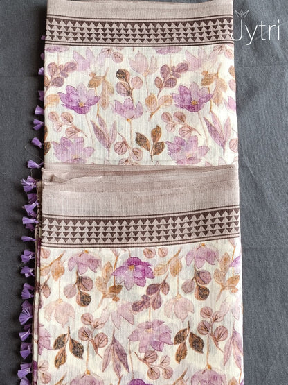 Off White Jute Cotton Saree with Lavender Tassels