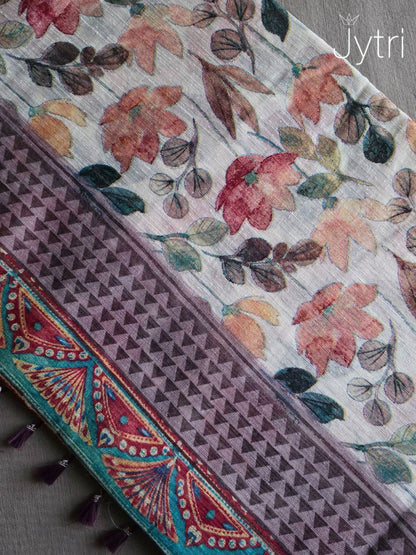 Off White Jute Cotton Multicolor Floral Print Saree