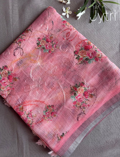 Parrot Pink Linen Cotton Saree