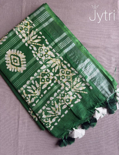 Batik Print Saree Forest Green