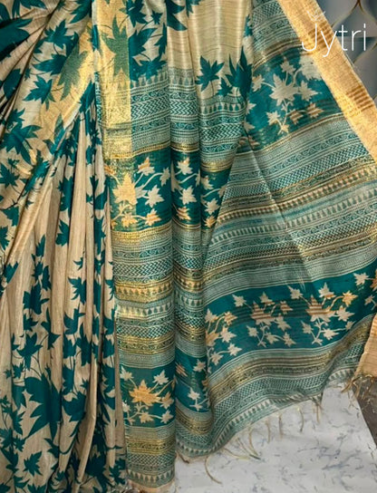 Beige and Teal Madhubani Print Saree