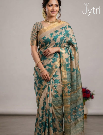 Beige and Teal Saree