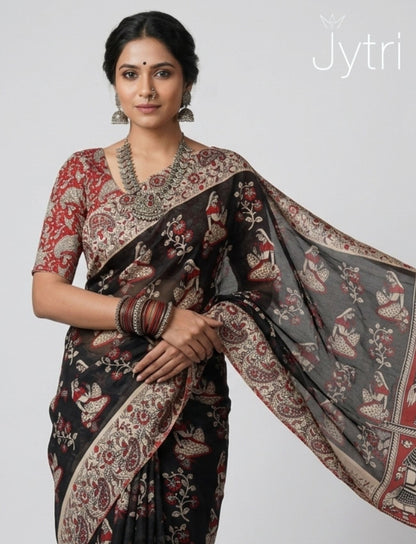 Black and Maroon Saree with Prints
