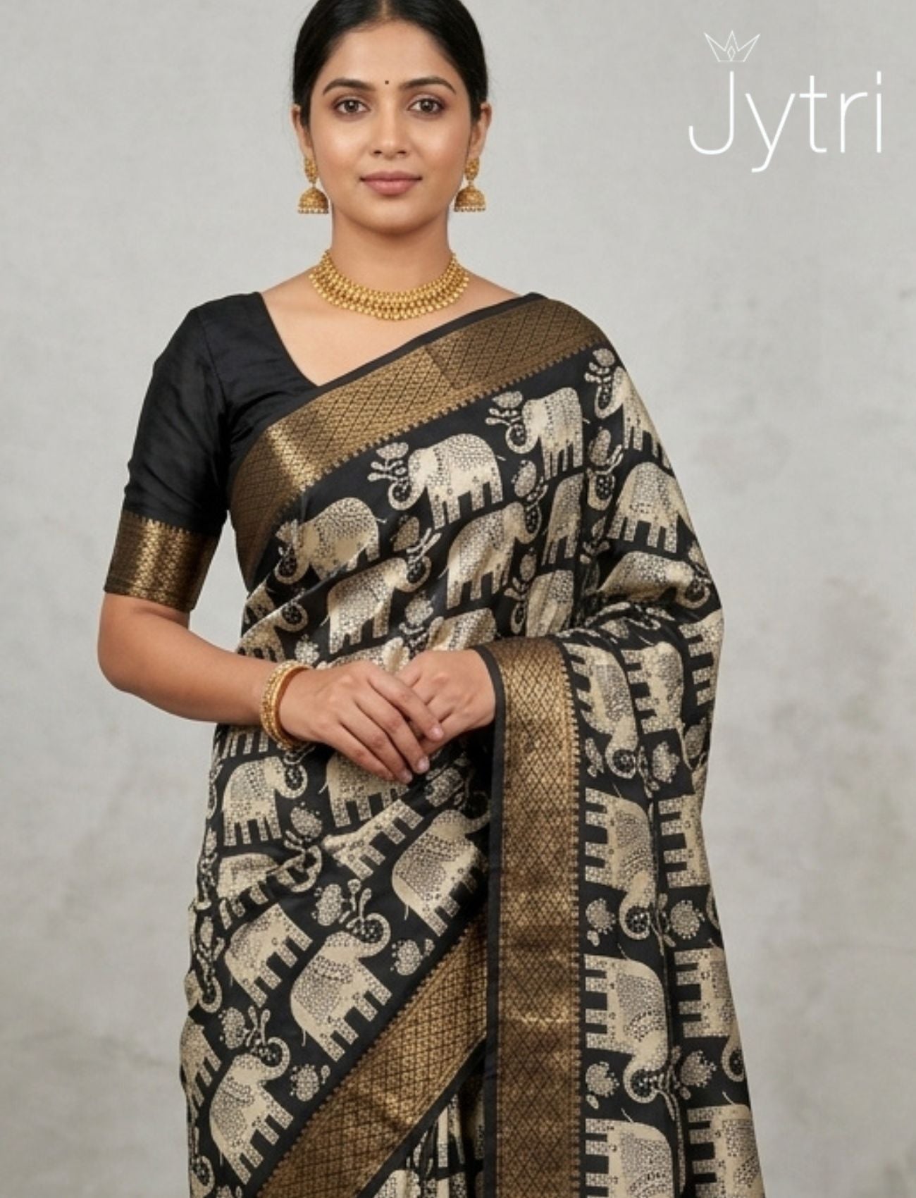 Black and White Saree with Golden Border