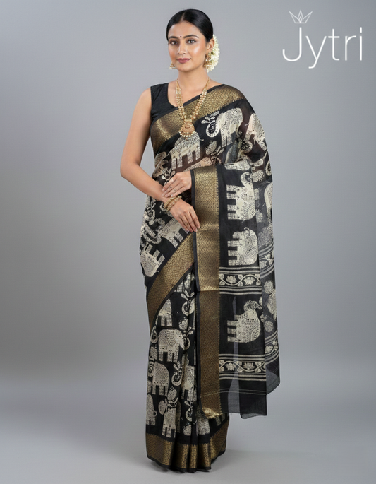 Black Elephant Print Saree