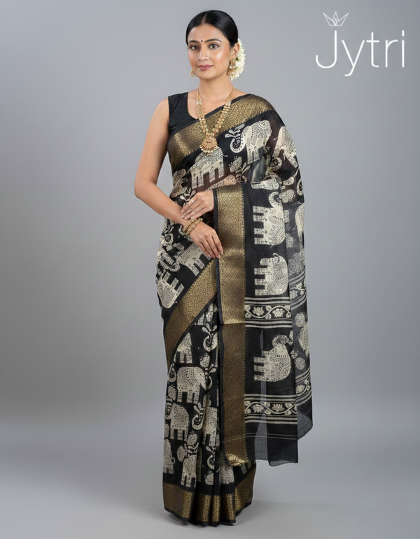 Black Elephant Print Saree