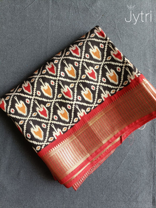 Black Mulmul Cotton Ikat Print Saree
