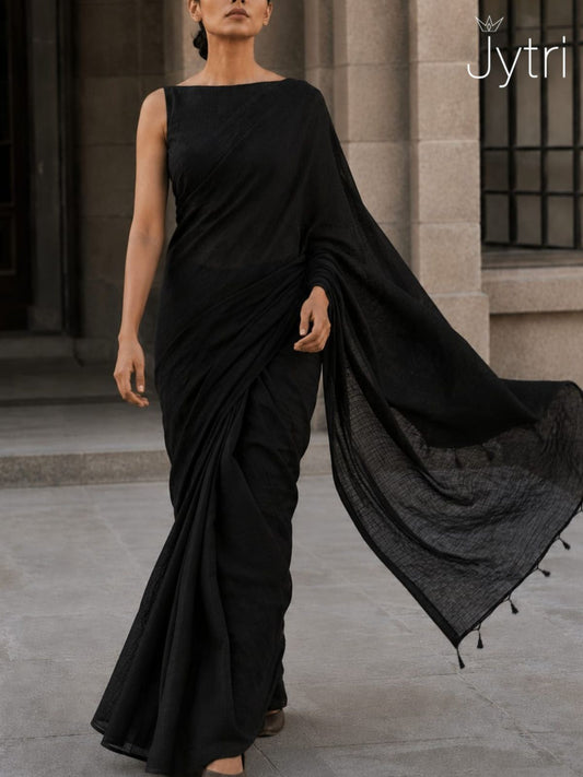 Black Plain Cotton Saree