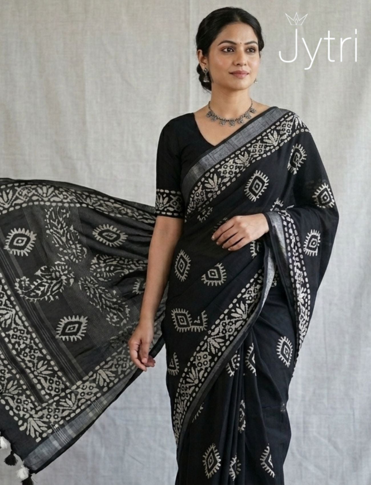 Black Saree with Batik Prints and tassels