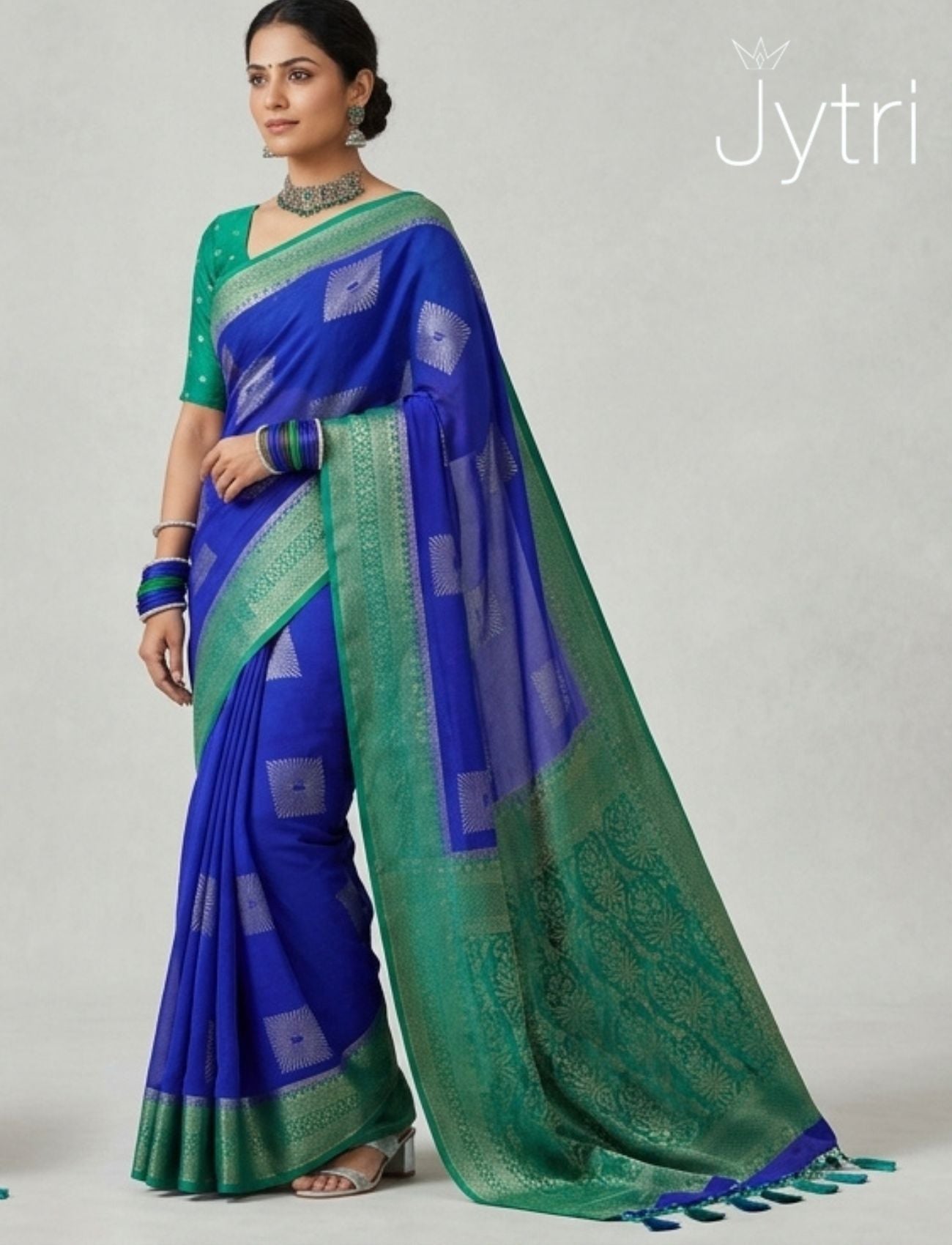 Blue and Green Saree with Zari Work
