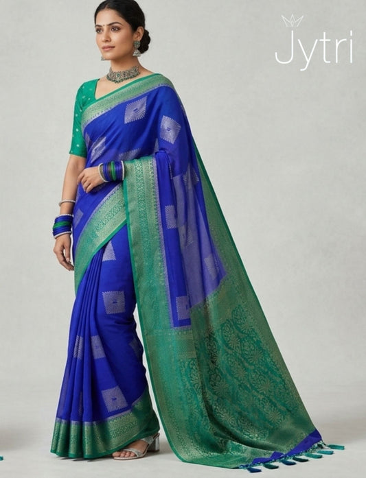 Blue and Green Saree with Zari Work