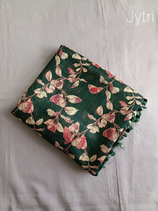 Bottle Green Jute Cotton Saree with Multicolor Floral Prints