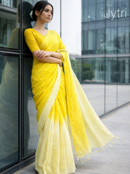 Bright yellow Bhagalpuri slub cotton saree with pastel ombre effect styled for summer and casual wear