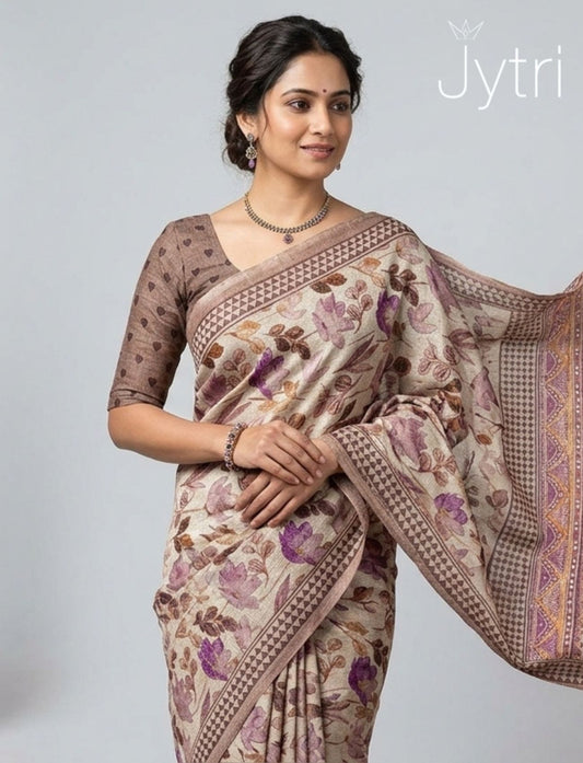 Cream Saree with Floral Prints