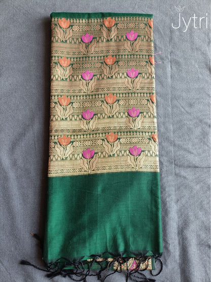 Dark Green Cotton Silk Saree