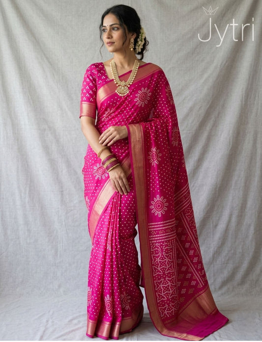 Dark Pink Bandhani Print Saree
