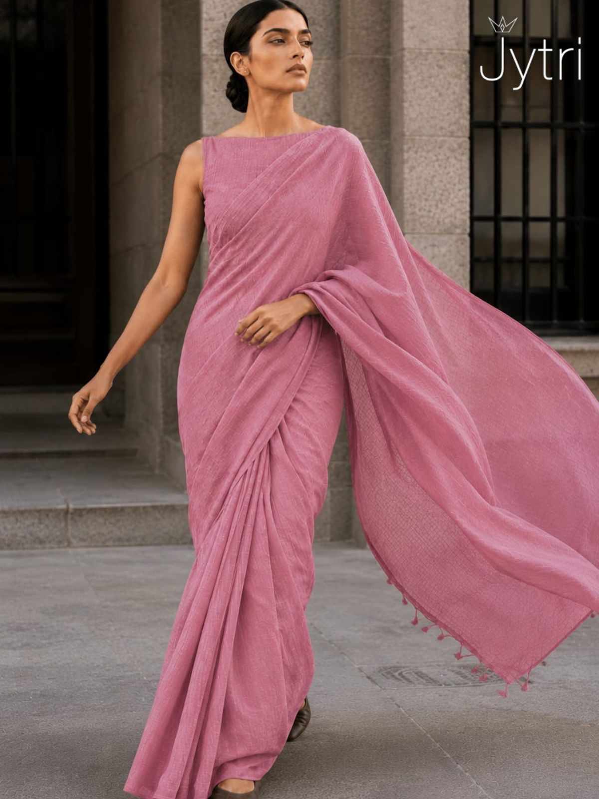 Dusty Rose Cotton Saree with Tassels