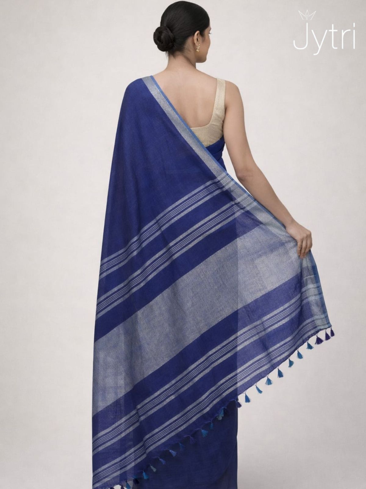 Elegant navy blue striped saree for women with tassels perfect for summer and daily wear