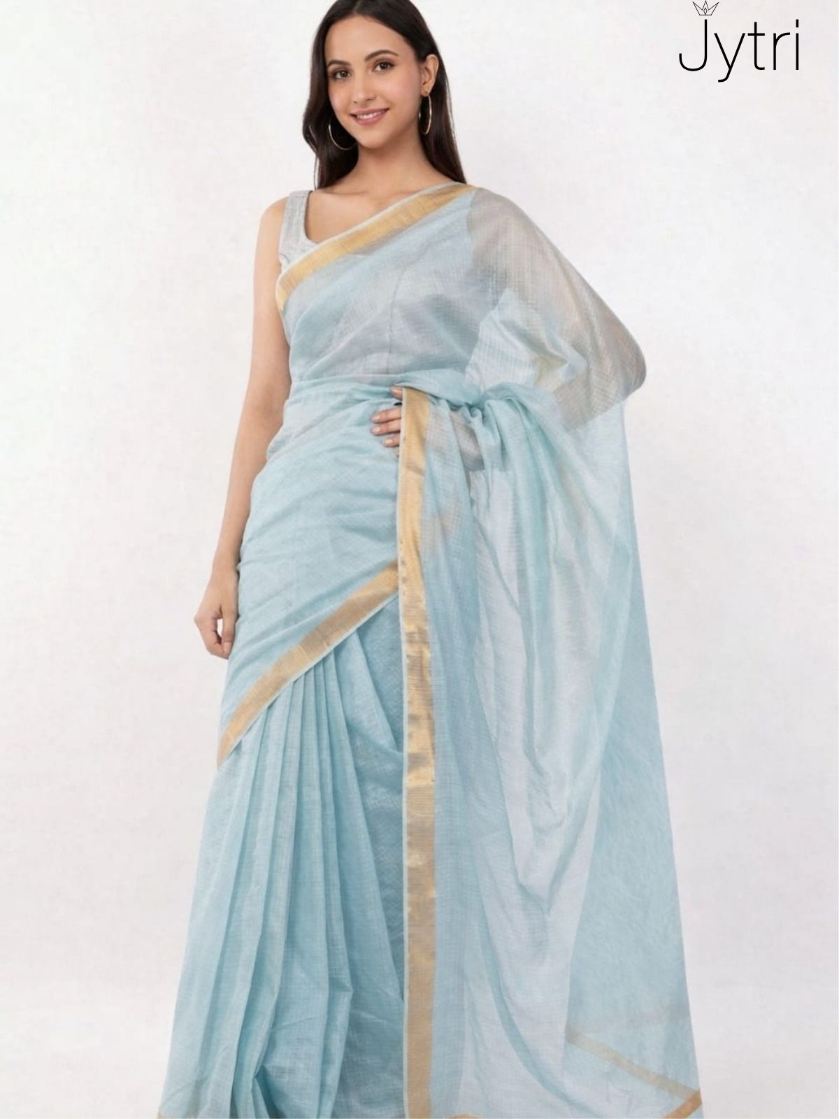 Elegant sky blue saree with golden border flowing pallu for casual and party wear