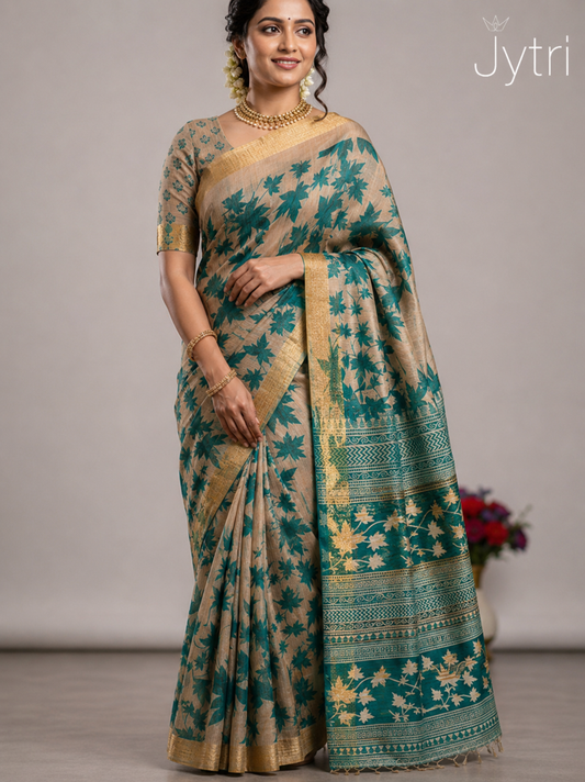 Beige and Dark Teal Green Madhubani Print Saree