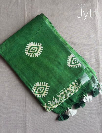 Forest Green Saree with Batik Prints