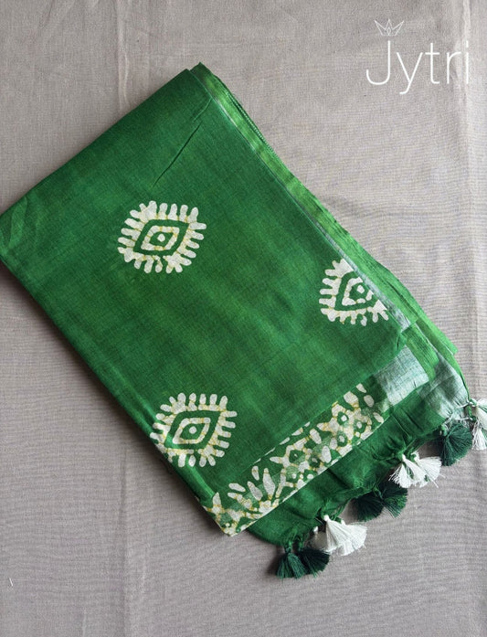Forest Green Saree with Batik Prints