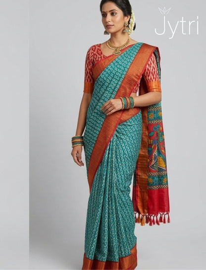 Green and Red Kalamkari Print Saree