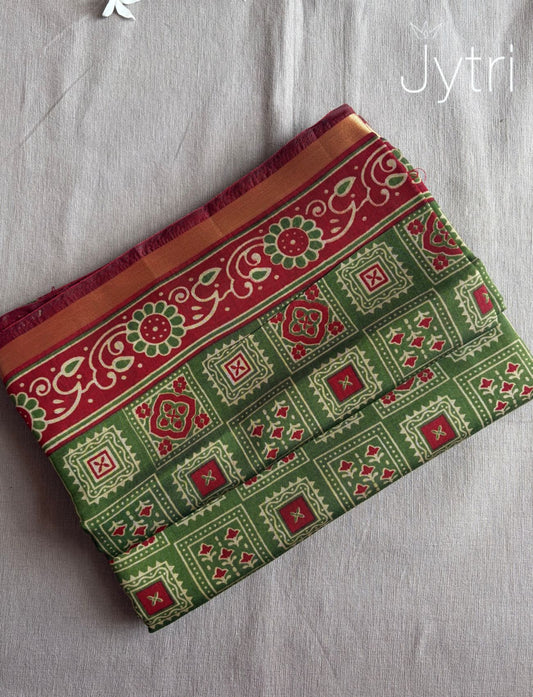 Green and Red Mulmul Cotton Saree