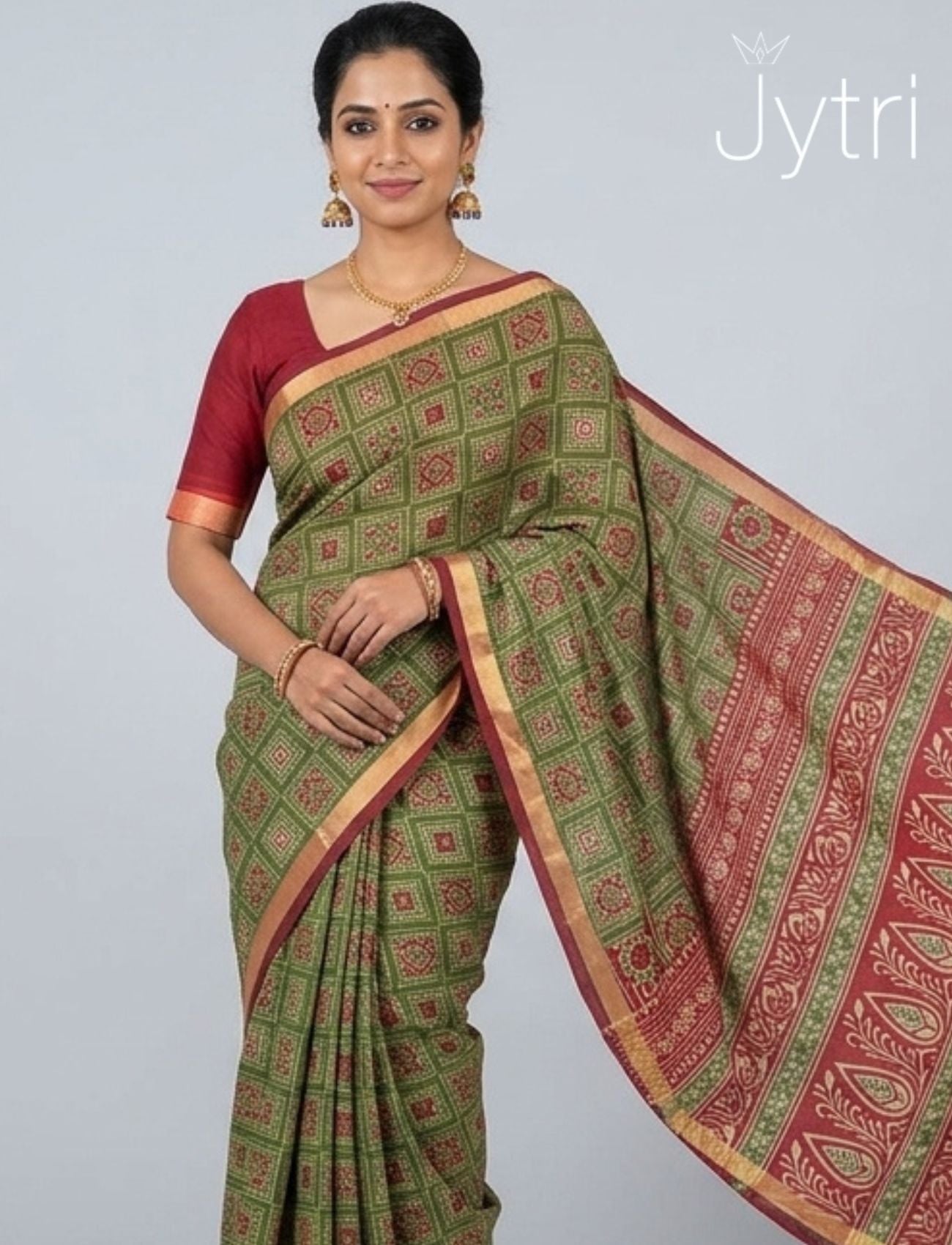 Green and Red Saree with Prints