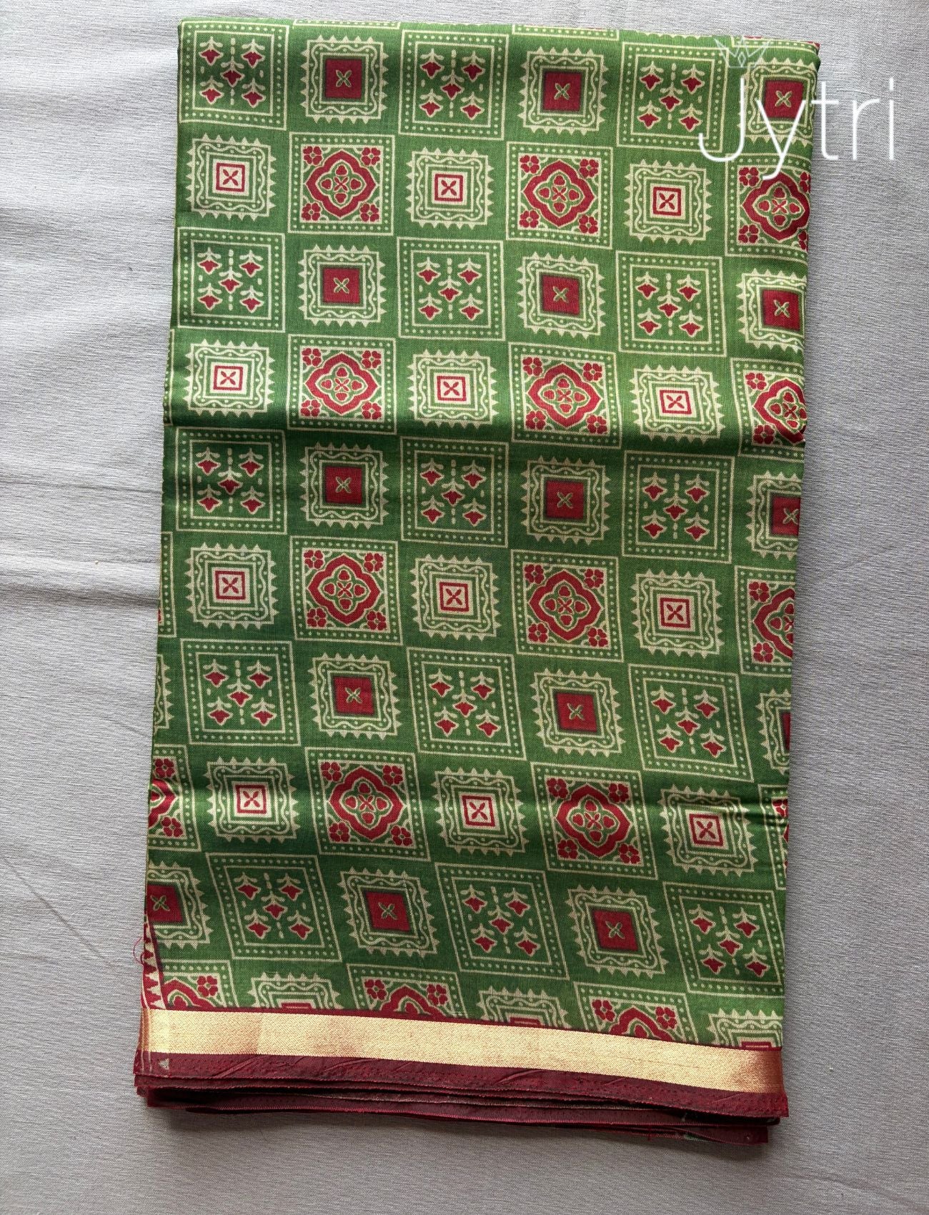 Green Mulmul Cotton Saree with Zari Border